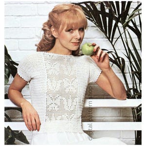 Filet Crochet Top Pattern, Tulip & Butterfly Motif Top Crochet Pattern for Women, Cap Sleeves Instant Download PDF Pattern- C314
