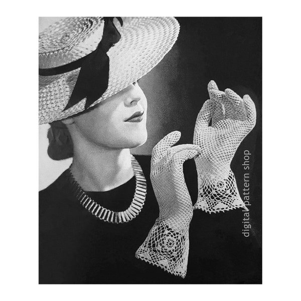 1940s Vintage Gauntlet Gloves Crochet Pattern, Womens Lacy Fishnet Gloves, Wedding Gloves Instant Download PDF Pattern - C217