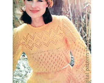 Wzór na sweter z koronką z lat 70., bluzka vintage z długimi rękawami do pobrania w formacie PDF - K291