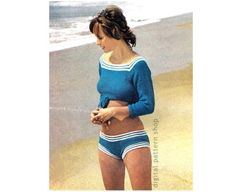 Wzór na dzianinowy top z dekoltem w serek i spodenki z niskim stanem, krótki top i majtki, kombinezon plażowy dla kobiet, pobierz plik PDF - K17