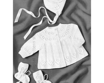 60s Baby Knitting Pattern Matinee Coat, Bonnet, Booties Set, Round Yoke Sweater Set for up to 6 Months Old PDF Instant Download K160