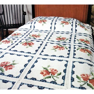 Rose Afghan Crochet Pattern, Tunisian Crochet Vintage Floral Blanket Afghan Stitch, Cameo Rose Bedspread Downloadable Pattern PDF- C336