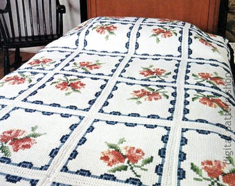 Schema per coperta afghana all'uncinetto con rose, coperta afghana vintage con motivi floreali all'uncinetto tunisino, copriletto con rose cameo in formato PDF da scaricare - C336