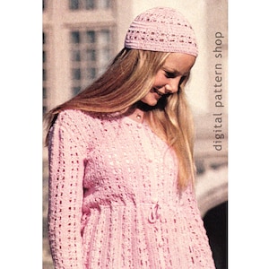 Modello all'uncinetto per abito stile impero in pizzo e berretto. Modello all'uncinetto per abito babydoll a maniche lunghe. PDF per donna. Taglie dalla 38 alla 46 - C28