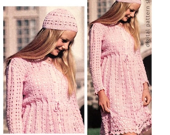 Lacy Empire Dress Crochet Pattern, Babydoll Dress Long Sleeves & Cap for Women PDF Download - C28