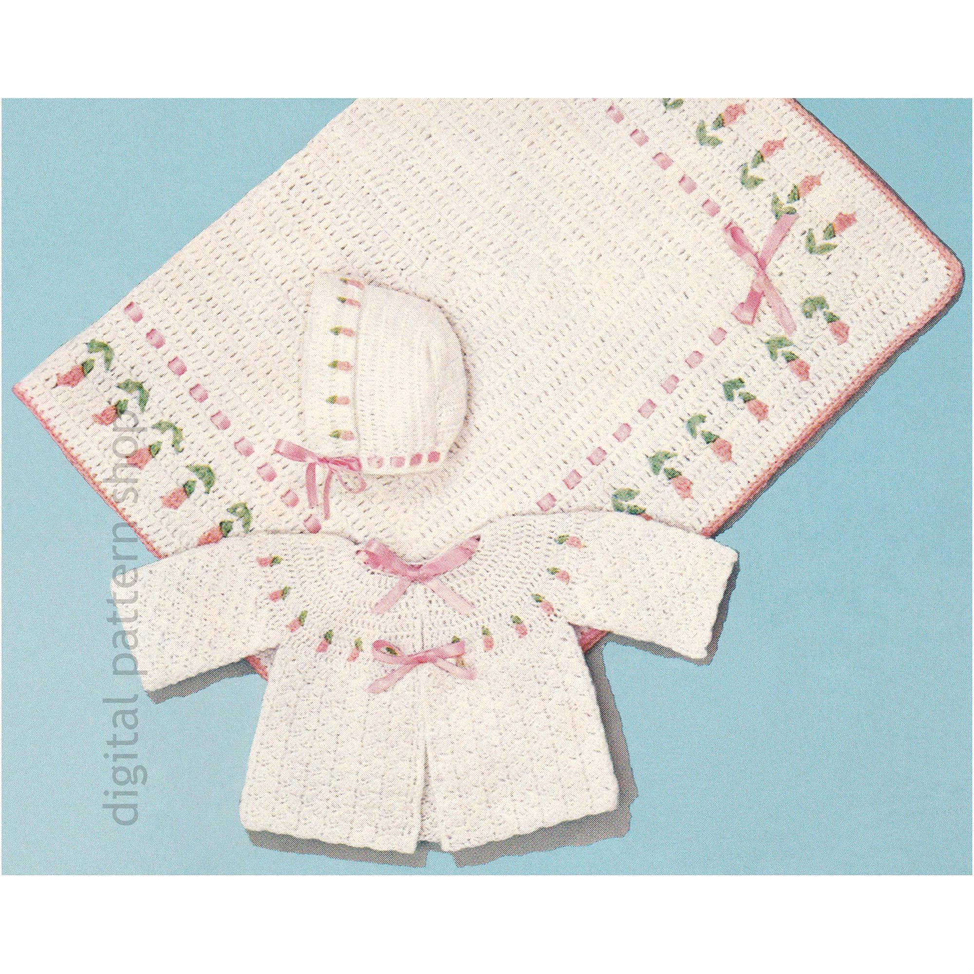 19 Crochet Bonnet Patterns with Pixie, Scallop, and Vintage Styles 8 Baby Crochet Sweater Bonnet Blanket Set