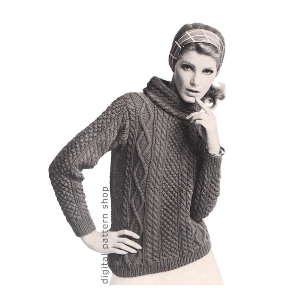 Aran Knit Sweater Pattern Womens Pullover Sweater Knitting Pattern Cowl Neck Jumper Cable Knit Sweater PDF Instant Download - K65