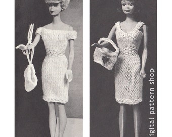 Barbie Knitting Pattern Off Shoulder Dress, V Neck Dress Hats Purse Barbie Doll Pattern Digital Instant Download K20