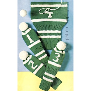 Knit Golf Club Mitts Pattern, Easy Retro Covers for Golf Clubs Knitting Pattern, Knit Flat Golf Accessory Printable Pattern Download - K247