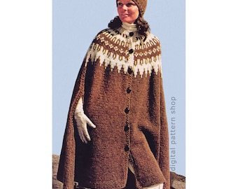 Cape Knitting Pattern Vintage Icelandic Cape & Cap for Women, Knit Poncho Arm Slits PDF Download K90