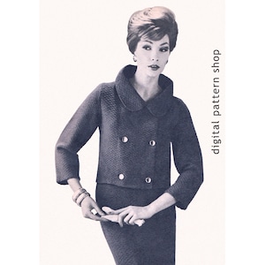 May include: A vintage sewing pattern for a double-breasted jacket and skirt set. The pattern features a collared jacket with three buttons and a fitted skirt.