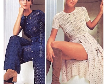 70s Crochet Pattern Coat & Pants or Shorts Suit, Vintage Button Front Dress and Trousers PDF Download - C380