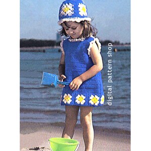 Girls Crochet Pattern, Granny Square Beach Dress, Sunhat Digital Download PDF Vintage Pattern Size 2 3 4 - C40