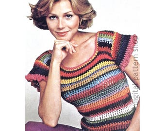70s Crochet Top Pattern, Ruffle Cap Sleeve Striped Sweater, Jumper PDF Instant Download - C332