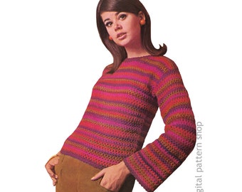 Crochet Sweater Pattern Vintage Easy Striped Pullover Top, Bell Sleeve Jumper PDF Download - C184
