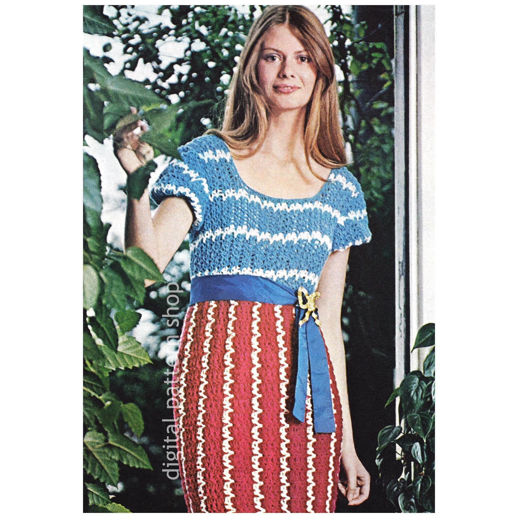 70s Vintage Red, White & Blue Maxi Dress Pattern