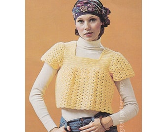 Wzór na bluzkę z bufiastym kołnierzem, łatwy sweterek z kwadratowym dekoltem, ściegiem muszelkowym, dla dzieci, do pobrania w formacie PDF - C237