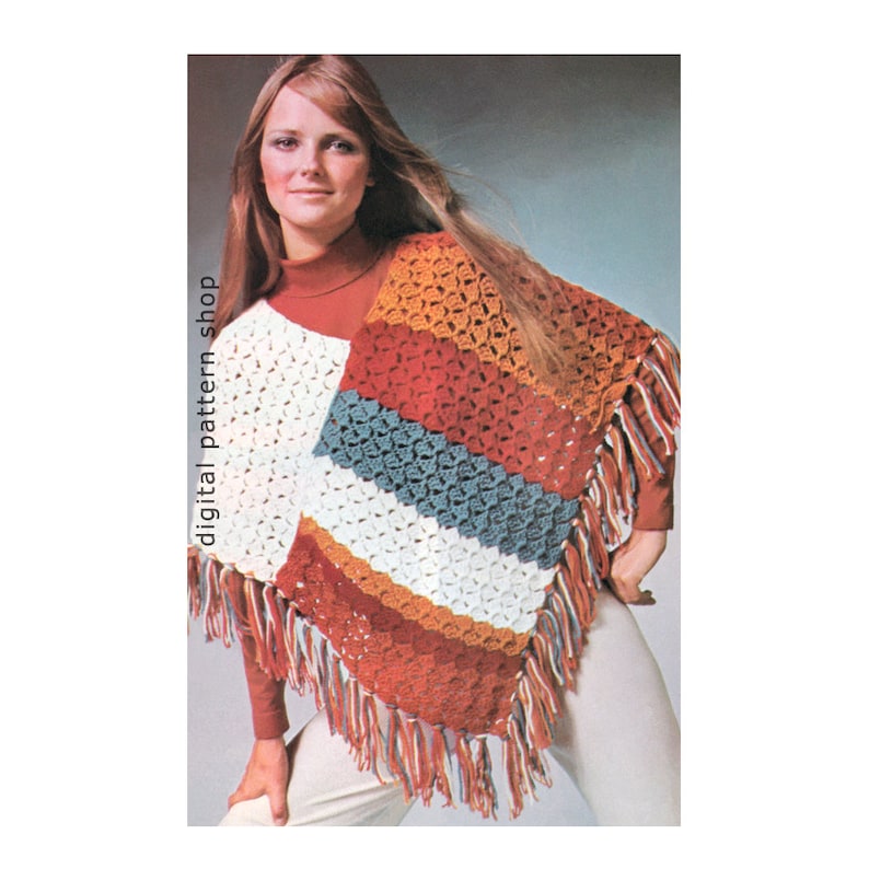 1970s Vintage Crochet Poncho Pattern Womens Easy Shell Stitch Poncho Crochet Pattern PDF Instant