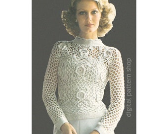 Irish Crochet Blouse Pattern, Rose Petal Motif Sweater with Long Sleeve, Light Jumper PDF Instant Download C240