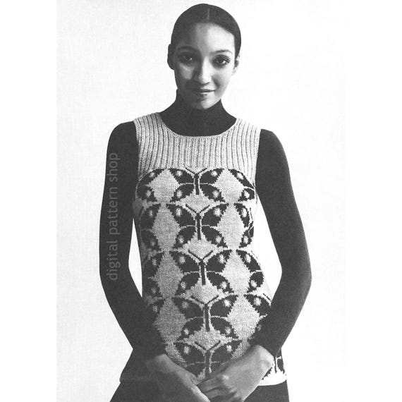 70s Butterfly Vest Knitting Pattern, Slim Fit Graphic Sleeveless 