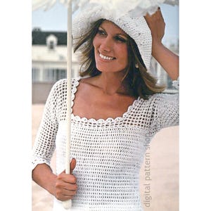 Lacy Top Crochet Pattern, Brimmed Hat, Square Neck Top Filet Crochet Blouse Vintage Pattern PDF Instant Download - C300