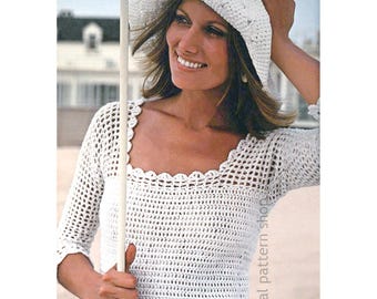 Filet Crochet Top & Brimmed Hat Pattern, Vintage Square Neck Blouse Instant Download PDF- C300