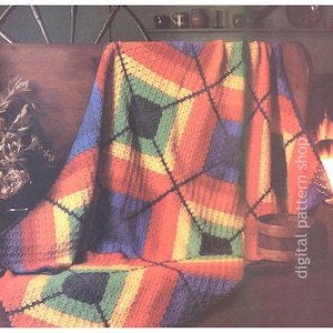 Crochet Afghan Pattern, 70s Vintage Rainbow Afghan Crochet Pattern, Diagonal Squares Throw Blanket Instant Download PDF - C303