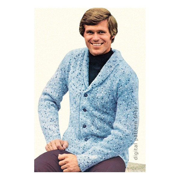 Mens Knitting Pattern Cardigan Sweater Pattern Shawl Collar Pockets PDF Instant Download K84