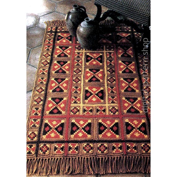 Mosaic Tile Rug Crochet Pattern, Vintage Fringed Motif Area Rug PDF Download - C388
