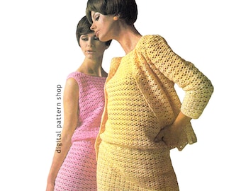 Vintage Crochet Pattern Sleeveless Dress & Cardigan, Sweater Jacket PDF Download - C99
