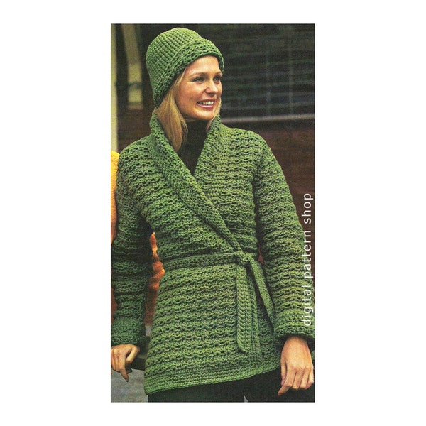 Wrap Sweater Crochet Pattern Womens Vintage Crochet Jacket & Matching Hat Pattern Shawl Collar Jacket Printable Instant Download PDF - C122