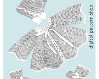Baby Crochet Pattern Vintage Ripple Baby Sweater Bonnet & Booties Pattern PDF Instant Download Infant to Six Months C17
