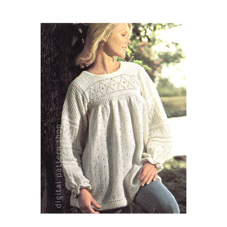 Boho tuniektop breipatroon, gebreide trui gesmokte trui voor dames trui lange mouwen pdf-download K105 afbeelding 1
