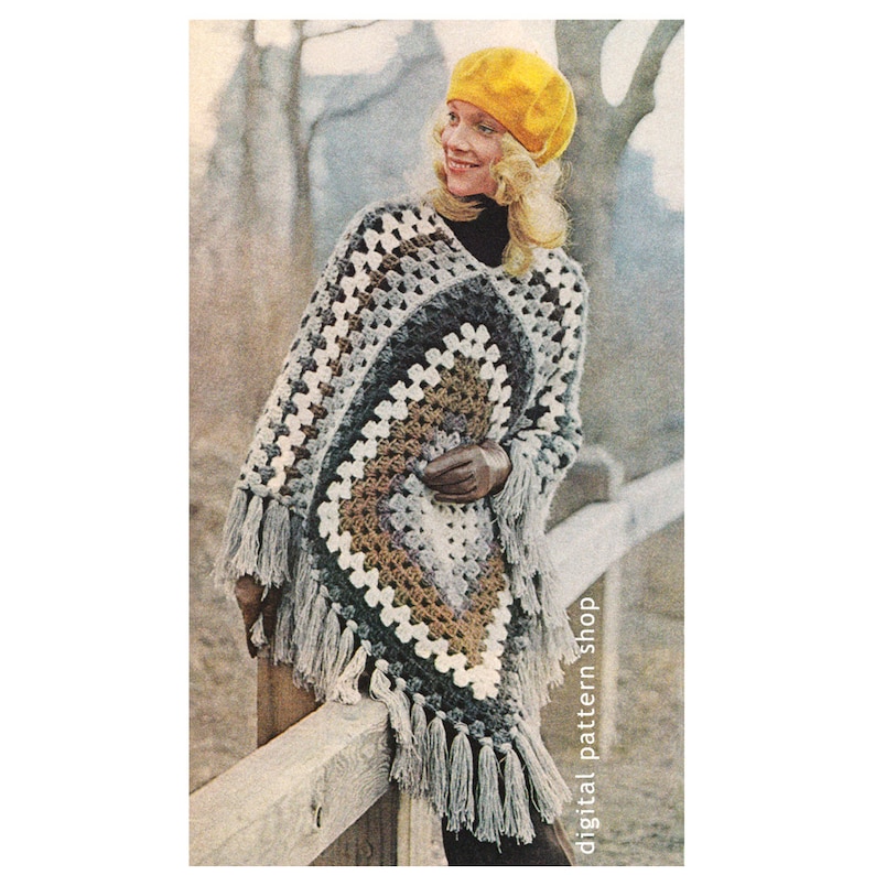 Granny square poncho crochet pattern.