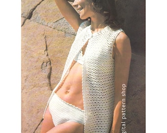 1970s Crochet Bikini & Beach Jacket Pattern, Retro Swimsuit Cover-Up (PDF Pattern) - C72