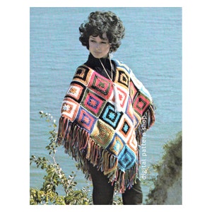 Crochet Poncho Pattern Womens Vintage Poncho & Tote Bag Crochet Pattern Colorful Squares Poncho DIY Instant Download PDF - C112