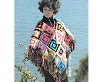 Crochet Poncho Pattern Womens Vintage Poncho & Tote Bag Crochet Pattern Colorful Squares Poncho DIY Instant Download PDF - C112