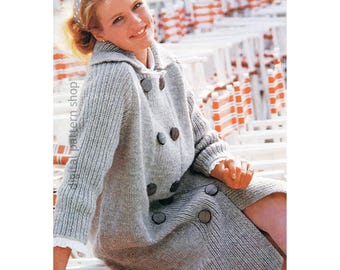 Vintage Double Breasted Coat Knitting Pattern, Chunky Yarn Long Jacket PDF Download - K215