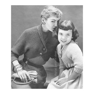 50s Bolero Shrug Knitting Pattern, Mother Daughter Sweater, Mom & Me Shrug Dolman Sleeve Seed Stitch Single Crochet Edge PDF Download- K157