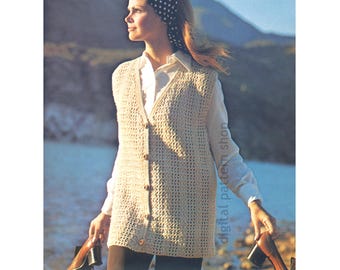 Wzór na szydełkową długą kamizelkę, siateczkowa kamizelka w stylu hippie boho, tkane paski, biust 31-40, pobierz plik PDF - C286