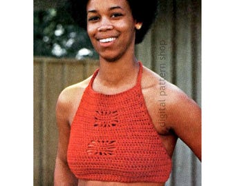 Crochet Halter Pattern, Vintage Floral Motif High Neck Top Instant Download PDF - C315