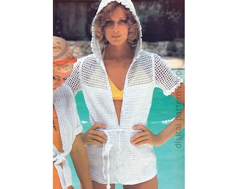 Hooded Top Crochet Pattern Beach Cover Up, Flower Trimmed Hoodie Jacket Women Filet Crochet Mesh Top PDF Instant Download Size 6 to 16- C175