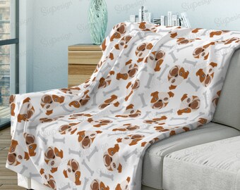 Bulldog Fleece Throw Blanket, Dog Face and Bones Pattern, Dog Lover Gift