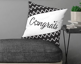 CONTGRATS Black & White Pillow, Square Congratulations and Zigzag Throw Pillow cover and insert