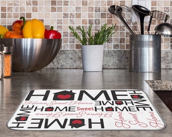 Home Sweet Home Dish Drying Mat, Water Absorbent Dish Mat with Black and Red Sweet Home and Heart Kitchen Decor