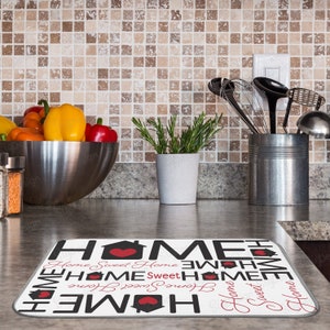 Home Sweet Home Dish Drying Mat, Water Absorbent Dish Mat with Black and Red Sweet Home and Heart Kitchen Decor
