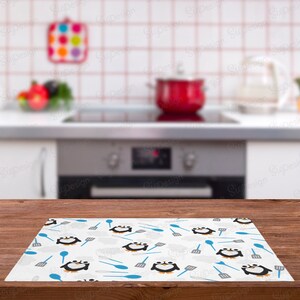 Penguin Chef placemat, White Blue penguin dining table decor, Penguin, chef hat, kitchen utensils,  1/2/3/4 Fabric Placemats Sets