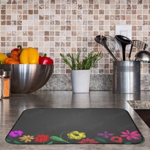 Black dish drying mat with colorful hand drawn flowers print, Black floral water absorbent dish mat. Can be personalized