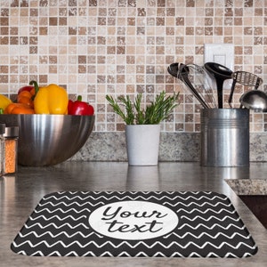 Personalized Dish Drying Mat, Chevron Zigzag Kitchen Counter Decor with Your Own Text, Customized Water Absorbent Dish Mat, 15 Colors