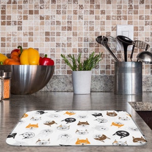 Cats Dish Drying Mat, Cute Cats Print Kitchen Counter Decor. Black, Gray, Orange, Brown and White Water Absorbent Cats Lover Dish Mat